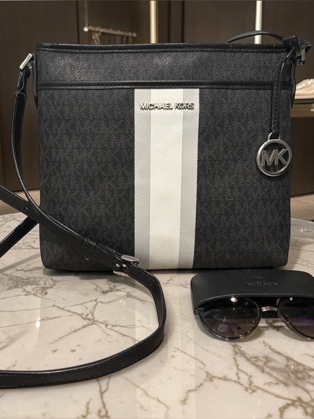Michael Kors Black Crossbody Messenger Bag with White Center Stripe